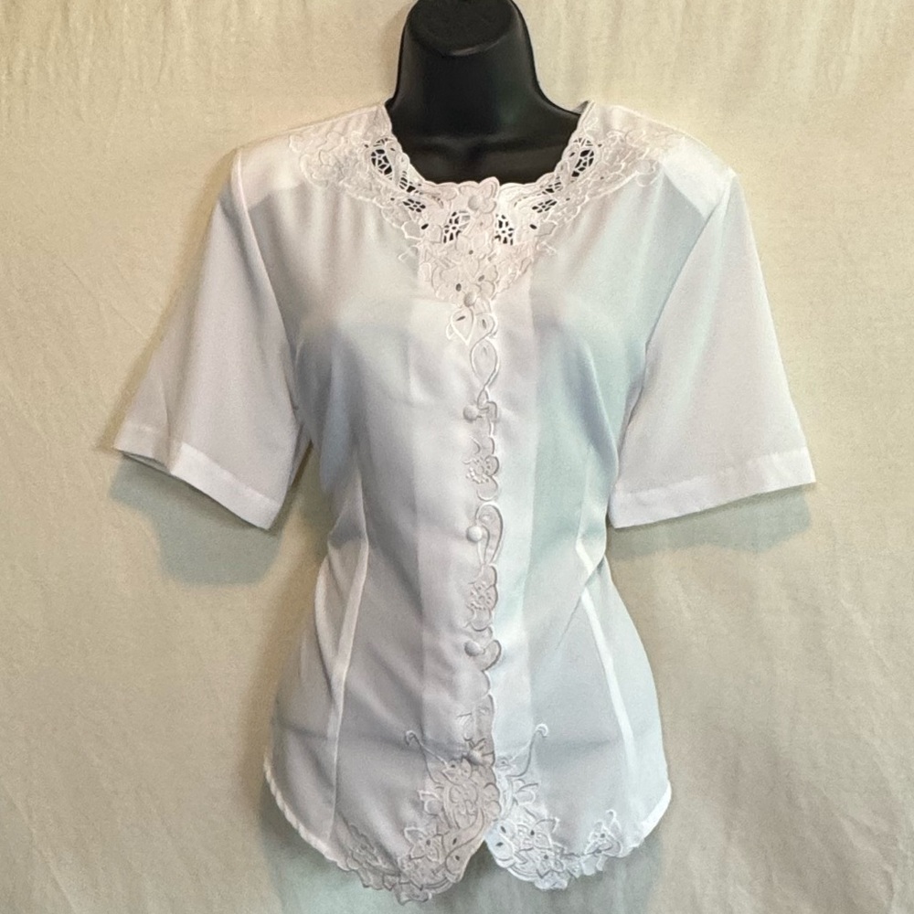 G-24 Joanna Vintage White‎ Embroidered Cottage Core Short Sleeve Blouse Size S